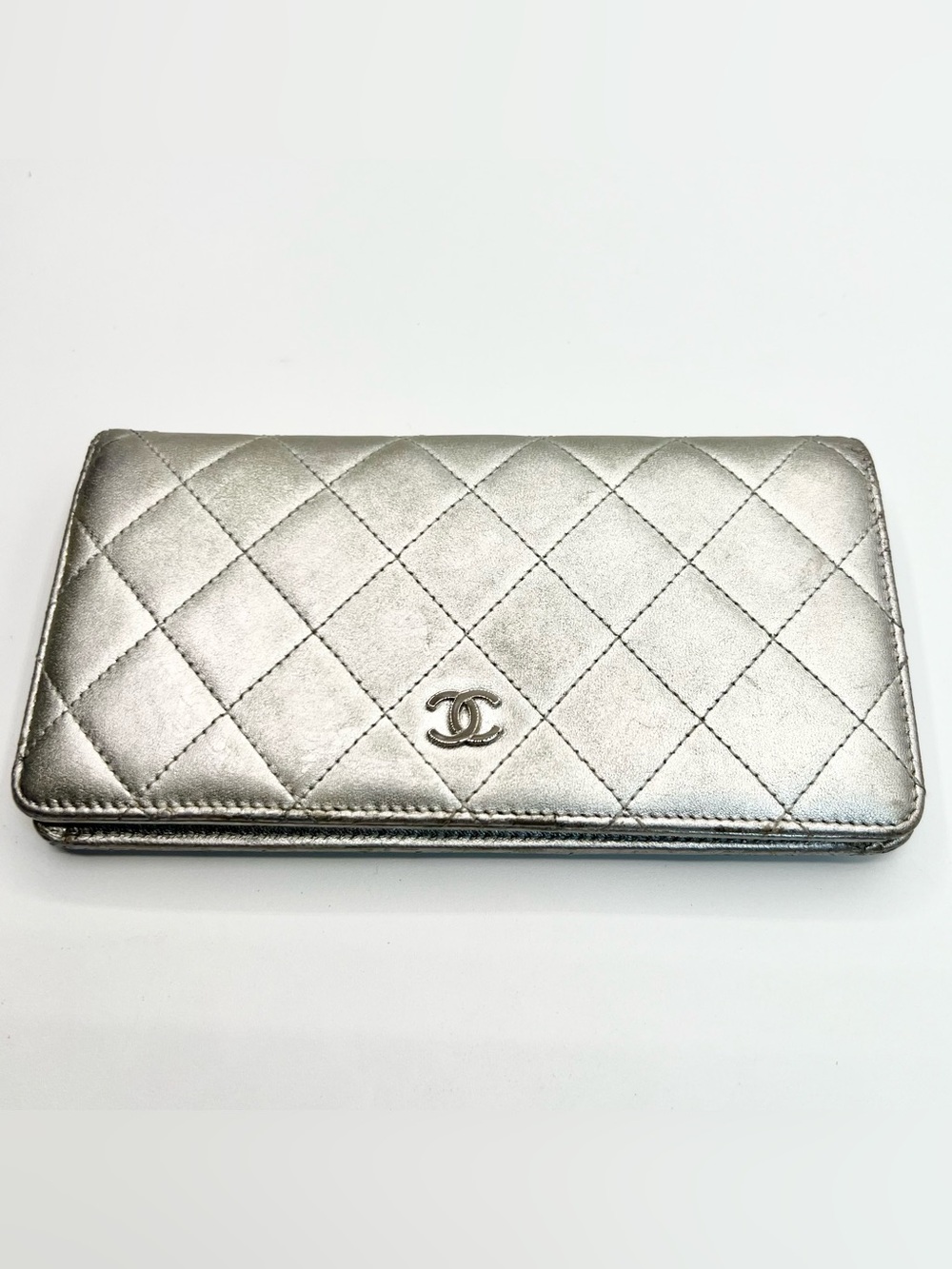 CHANEL L-Yen Long Flap Wallet in Silver Quilted Lambskin Leather